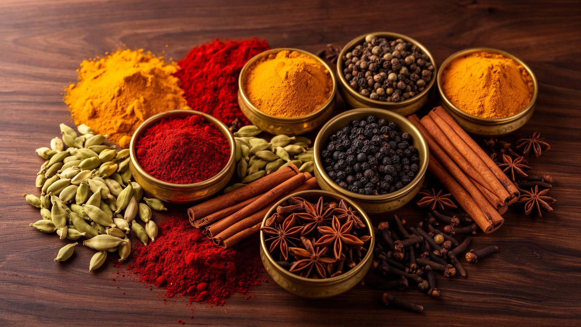 Vibrant Indian spices in brass bowls
